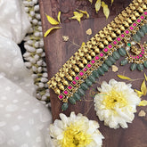 Vriksham Kundan Jadau Gold Look Alike Pendant High Neck Choker-Red-Pastel Green Bead-J3690